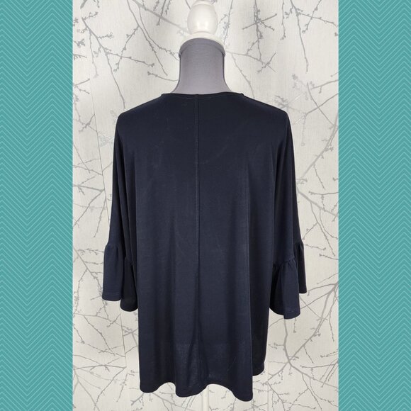 Bylyse Navy Stretch Knit Flutter Bell Sleeve Round Neck Top - Picture 4 of 5